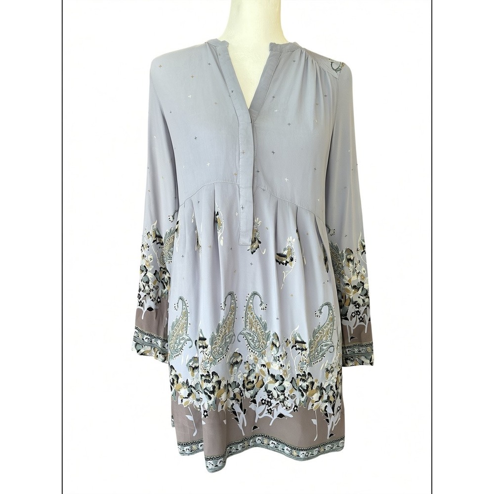 Free People Lavender Grey Paisley Babydoll Mini Dress  Long Sleeve Womens Medium